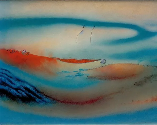 Image similar to Ocean waves in a psychedelic dream world. DMT. Curving rivers. Zao Wou-ki. Yves Tanguy.