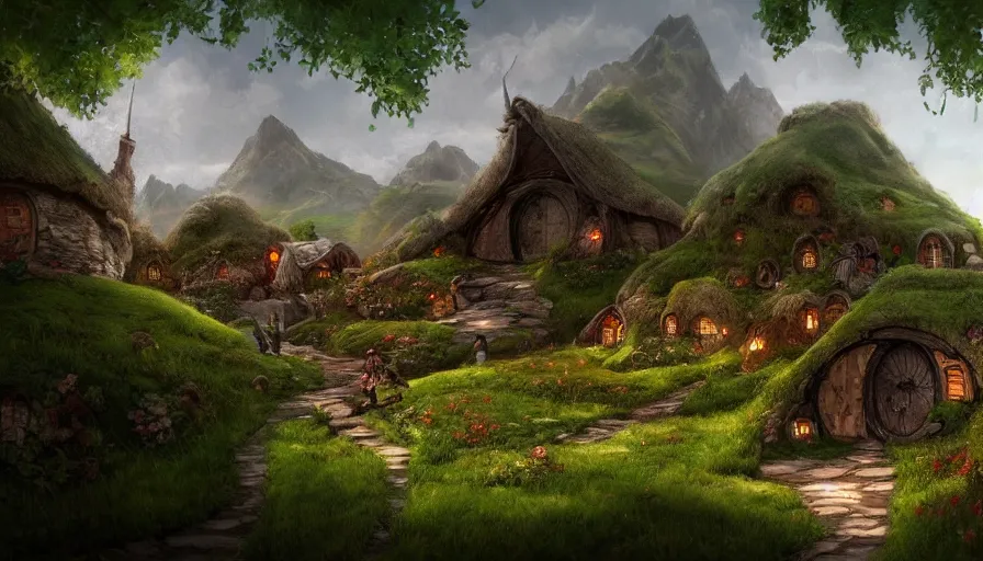 Prompt: concept art of a beautiful hobbit village, digital art, trending on artstation
