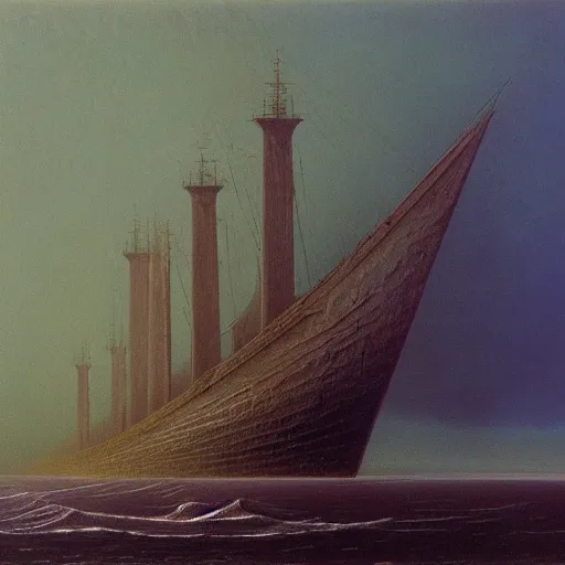 Image similar to an ice ship by Zdzisław Beksiński, oil on canvas