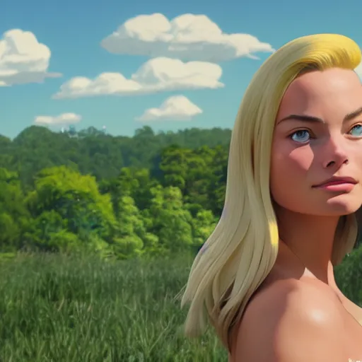 Image similar to a wholesome animation key shot of margot robbie, close up, studio ghibli, pixar and disney animation, sharp, rendered in unreal engine 5, clear sky, anime key art by greg rutkowski, bloom, dramatic lighting