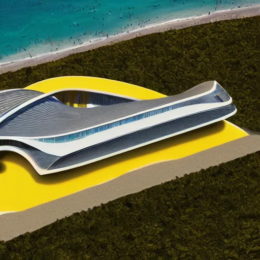 Prompt: architecture ad for a mid-century modern house on the beach, designed by Zaha Hadid. Shell. Aerial view. Film grain, cinematic, colorized, yellow hue