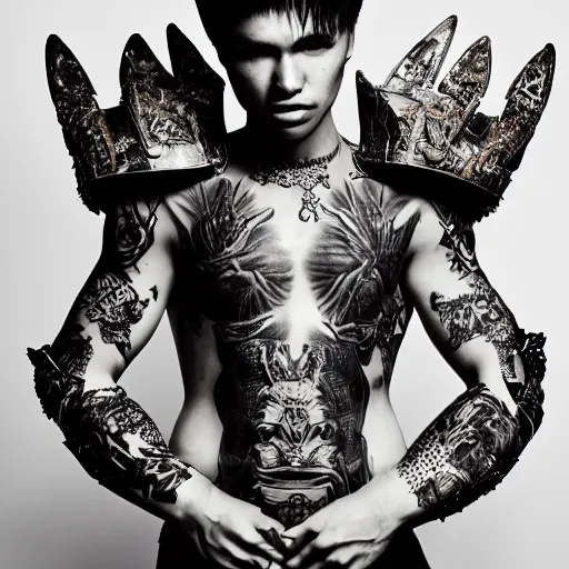 Prompt: a portrait of a beautiful young male wearing an alexander mcqueen armor made of tattoos , photographed by andrew thomas huang, artistic