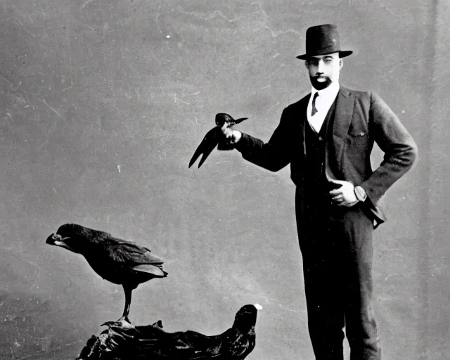 Prompt: early 1 9 0 0 s photo of a man in a suit next to a huge black taxidermied bird, black and white, newspaper clipping