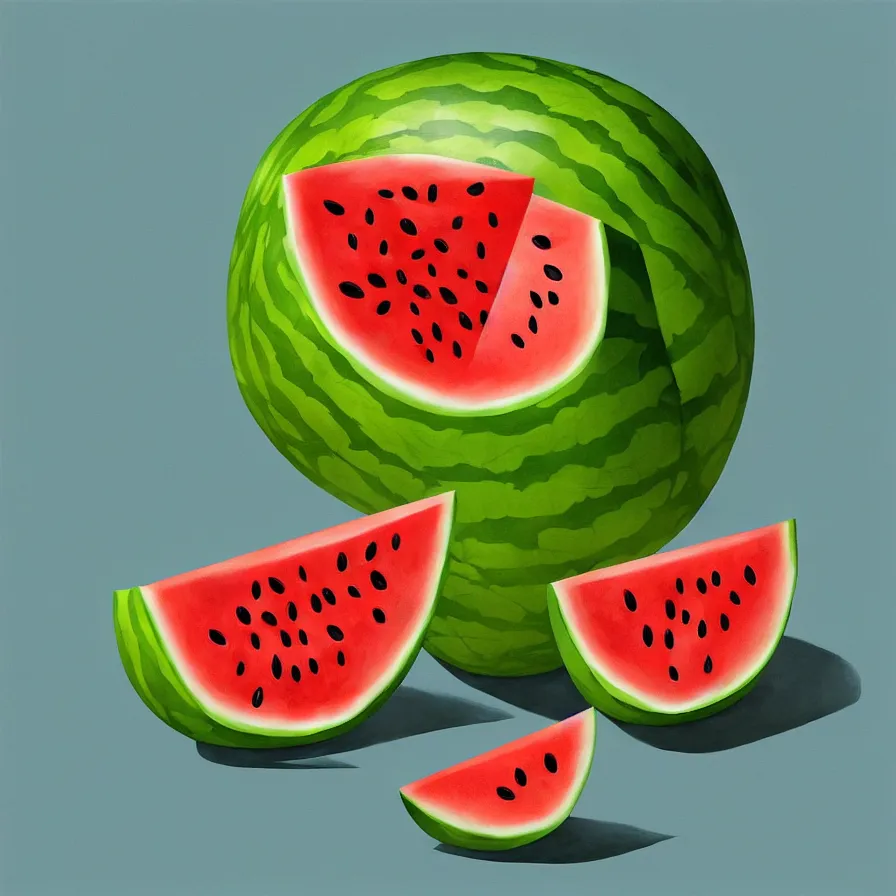 Image similar to Goro Fujita illustrating a watermelon full of flavor on a plain background, art by Goro Fujita, sharp focus, highly detailed, ArtStation