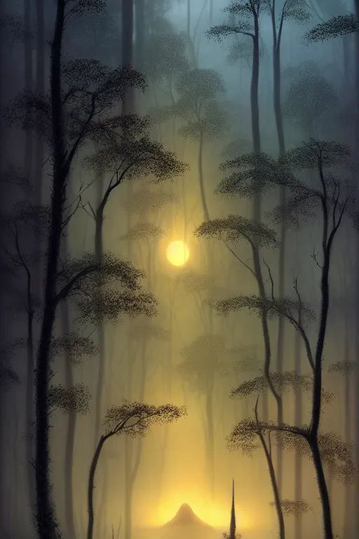 Image similar to emissary a dark moody forest moon home of the furry yellow eyed ewoks, small fires illuminating the forest, foggy blue hour, light traveling through the trees, small creek, ( designated : ix 3 2 4 4 - a ) by arthur haas and bruce pennington and john schoenherr, cinematic matte painting, 8 k, dark color palate