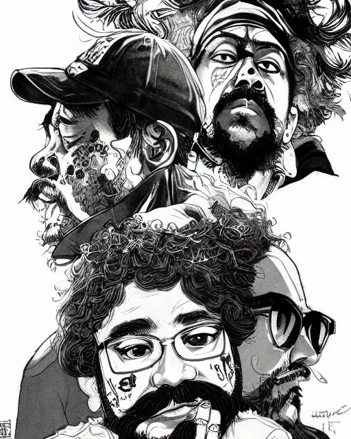 Image similar to portrait of cheech and chong, concept art, sumi - e style, intricate linework, artstation, trending, highly detailed, smooth, focus, art by yoji shinkawa,