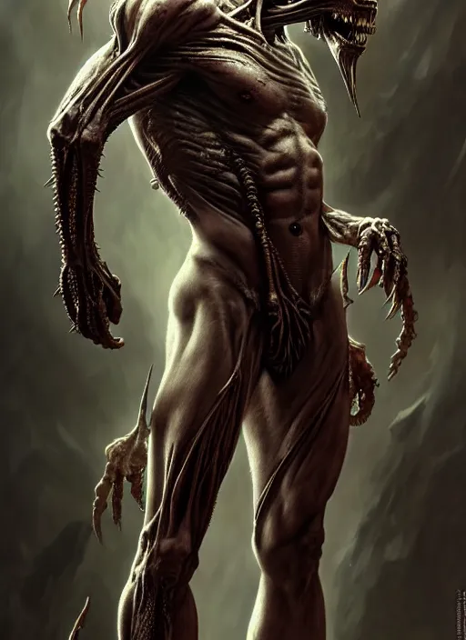 Prompt: ultra realistic, male human alien predator, gothic, fantasy, flesh, bone, body horror, intricate details, eerie, highly detailed, octane render, 8 k, art by artgerm and alphonse mucha and greg rutkowski