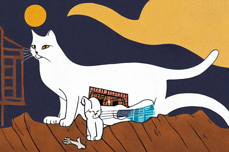 Image similar to detailed illustration of a white cat with a black spot on her trunk playing guitar, an old house with a window over a hill, blue sky, a big star falling