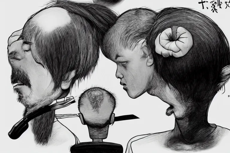 Image similar to a barber struggles to cut the hair of conjoined twins, by miyazaki and amano and murakami, trending on artstation