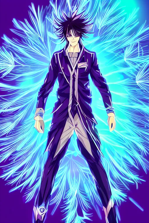 Prompt: cyan glowing luminescent dandelion male anime character, symmetrical, highly detailed, digital art, sharp focus, trending on art station, purple eyes, beautiful colours