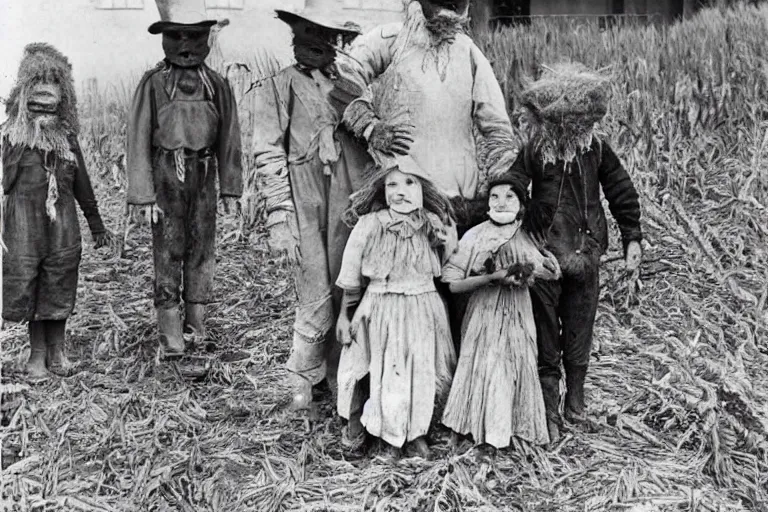 Image similar to disturbing scarecrow from the early 1 9 0 0's leading children into the cornfields