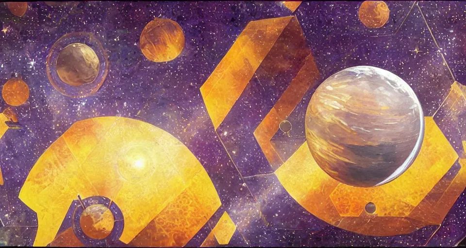 Image similar to hexagonal shield in space, blocking the sun, earth in the foreground, art deco painting