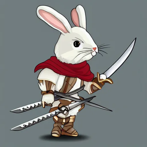 Prompt: anthropomorphic cute bunny knight character, holding a sword