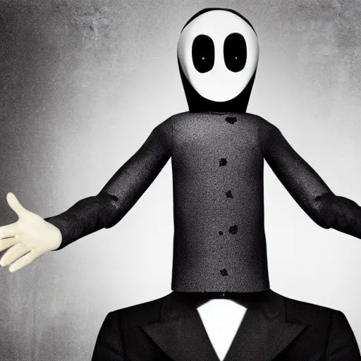 Prompt: slenderman, slenderman is selling vegemite, dark and eerie, realistic cgi, no face, tall and wearing suit