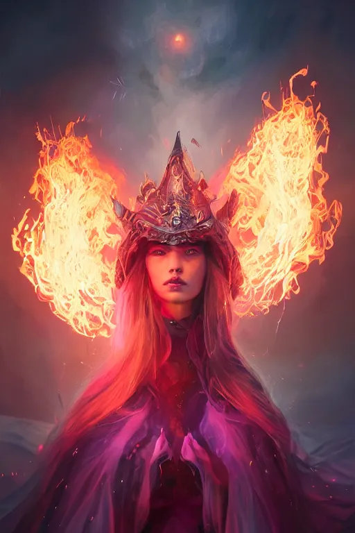 Image similar to a fancy portrait of a beautiful dark magician girl with a large witches hat covered in colourfull flames by Greg Rutkowski, Sung Choi, Mitchell Mohrhauser, Maciej Kuciara, Johnson Ting, Maxim Verehin, Peter Konig, final fantasy , mythical, 8k photorealistic, cinematic lighting, HD, high details, atmospheric,