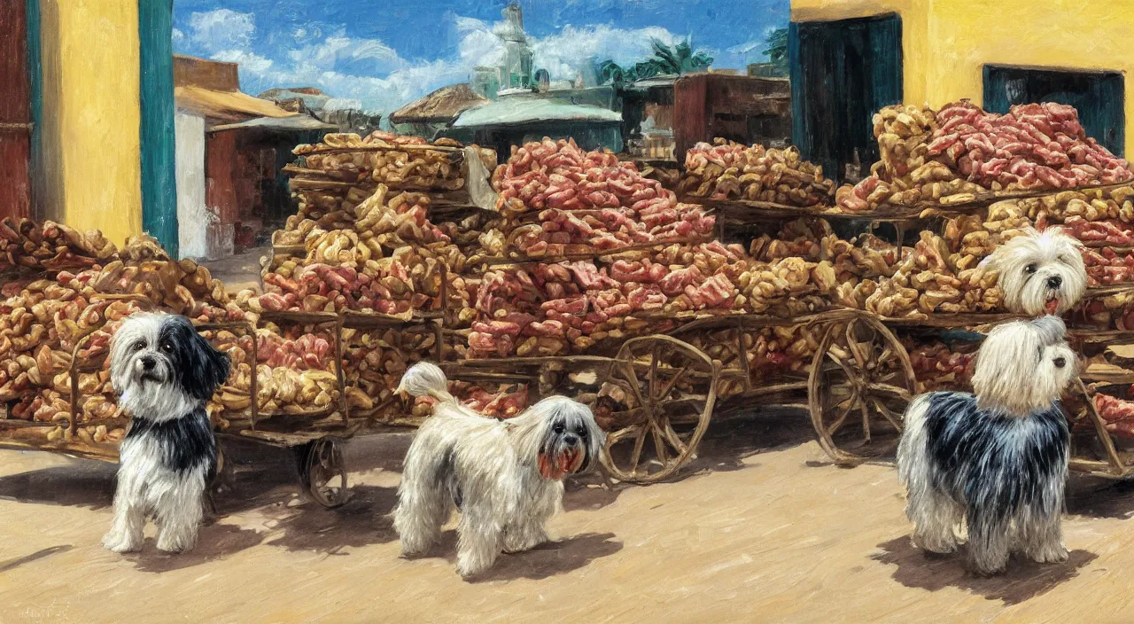 Prompt: a scene of a havanese dog next to a large cart piled high with sausages and ham, a large cream - colored havanese dog looks at the cart, outside a hacienda in cuba, 1 9 0 0, tartakovsky, atey ghailan, goro fujita, studio ghibli, rim light, mid morning lighting, clear focus, very coherent