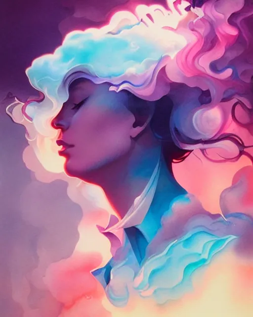 Prompt: vaporwave water smoke portrait, shattering acrylic geometric watercolor art by peter mohrbacher and artgerm