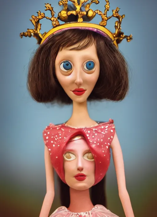 Image similar to closeup face profile portrait of a tin toy shelley duvall as a fairytale princess wearing a crown eating cakes, bikini, depth of field, zeiss lens, detailed, symmetrical, centered, fashion photoshoot, by nicoletta ceccoli, mark ryden, lostfish, breathtaking, 8 k resolution, extremely detailed, beautiful, establishing shot, artistic, hyperrealistic, octane render