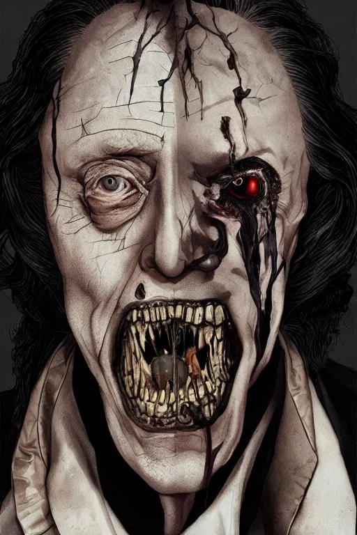 Image similar to christopher walken in sleepy hollow, full body, big two toned eyes, teeth gritted, horror, intricate details, cinematic, epic, realistic, anatomy, tomer hanuka, uplight, artstation, photorealistic, scary