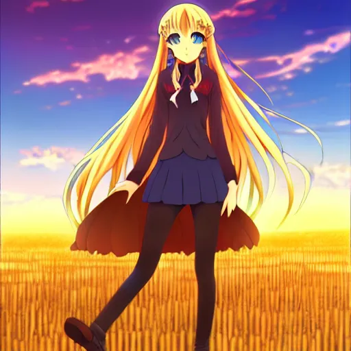 Image similar to anime key visual of Holo from Spice and Wolf standing in a wheat field at sunset, Holo is a wolf girl, high detail, trending on pixiv