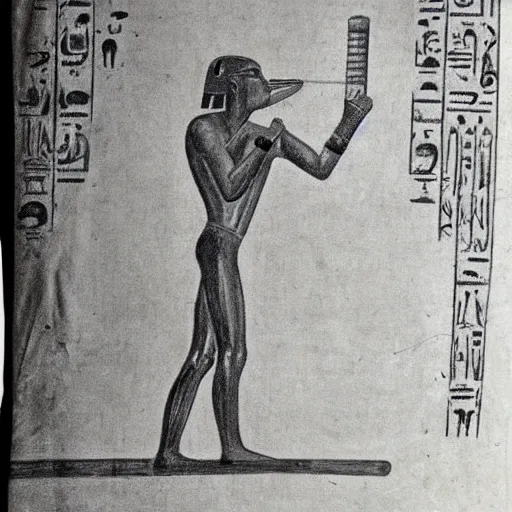 Image similar to Egyptian drawing of a man using a shake weight, ancient, photorealistic