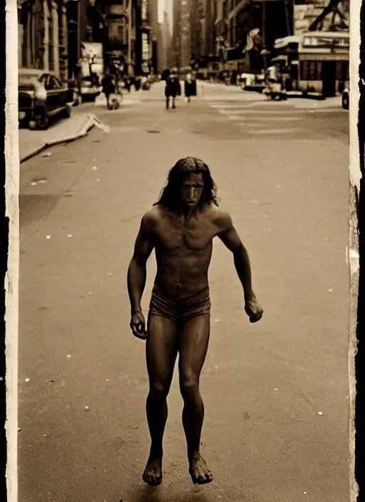 Image similar to film still, portrait of tarzan walk on the street of new york, symmetrical, 8 k, medium - format print, half body shot