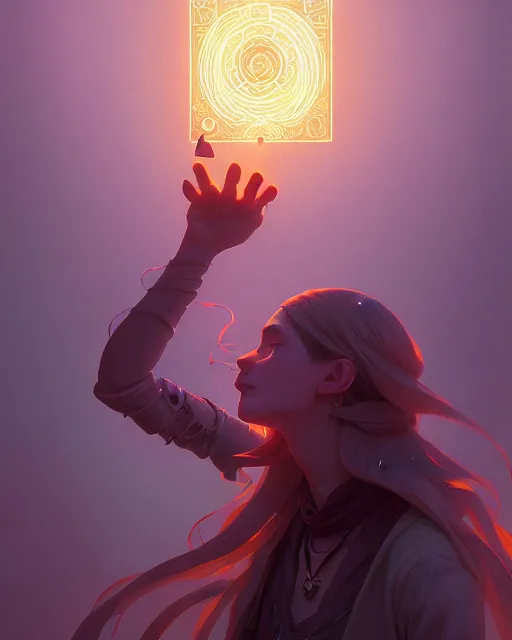 Image similar to highly detailed vfx portrait a mage casting a spell, stephen bliss, unreal engine, sigils greg rutkowski, loish, rhads, beeple, makoto shinkai and lois van baarle, ilya kuvshinov, rossdraws, tom bagshaw, alphonse mucha, global illumination, detailed and intricate environment