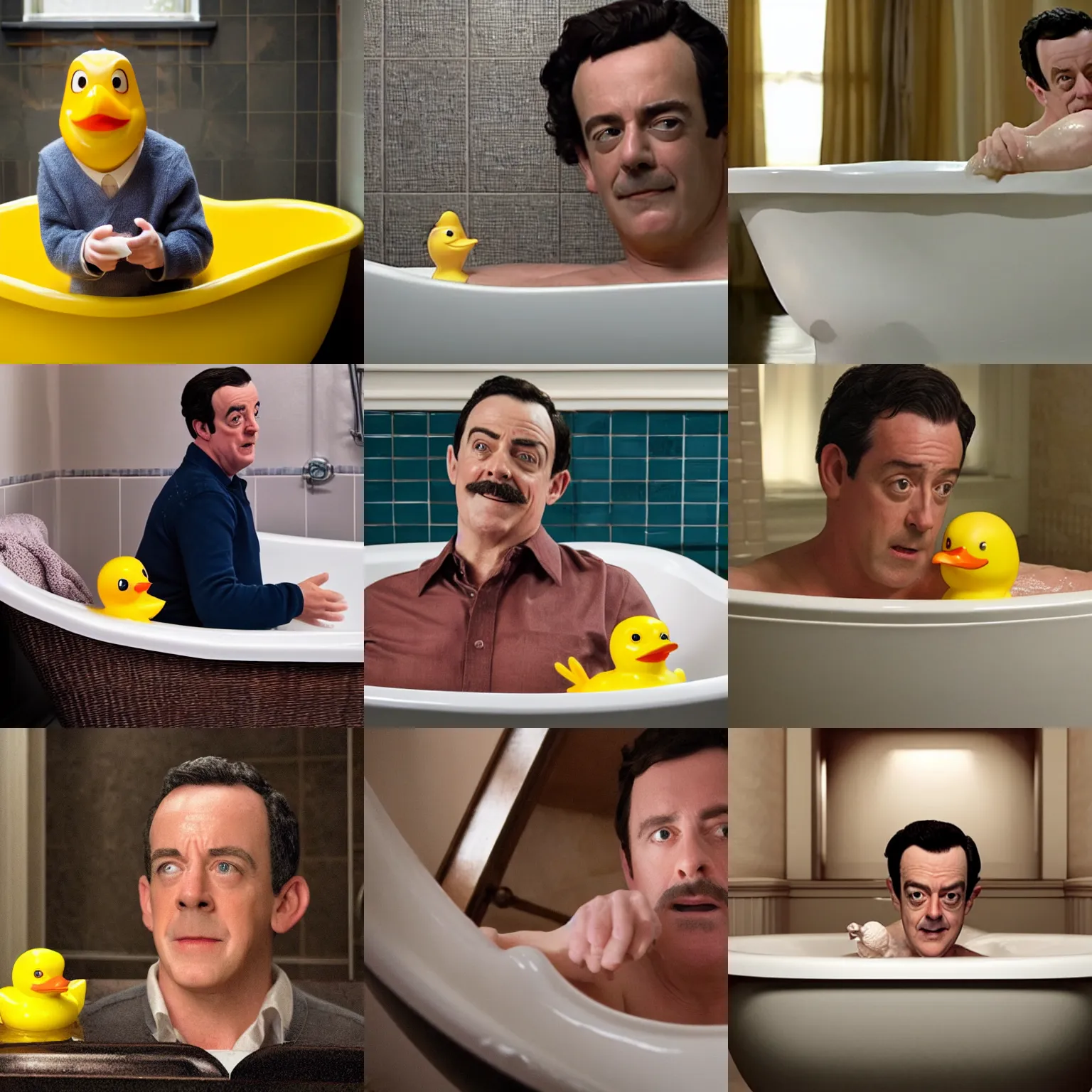 Prompt: charles boyle in the bathtub playing with a rubber duck