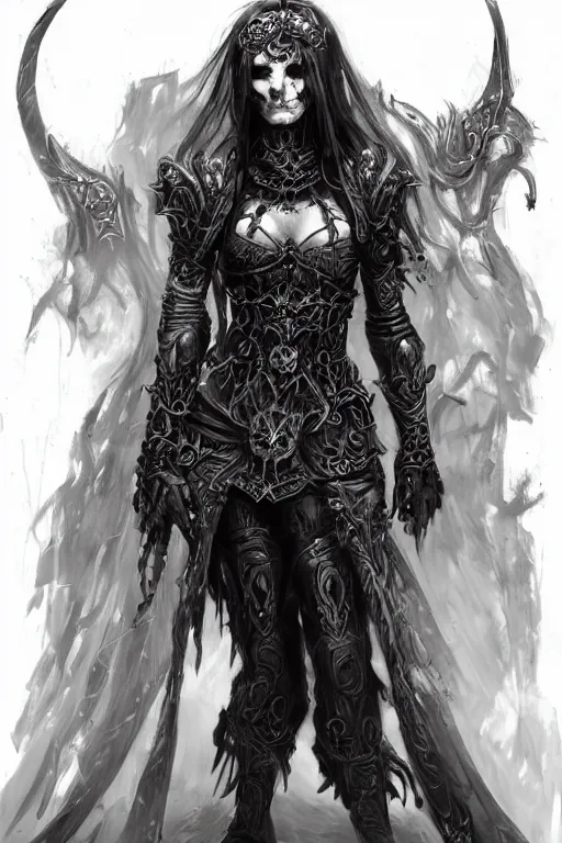 Image similar to concept art of beautiful necromancer lady in warrior pose, gothic, hyper detailed