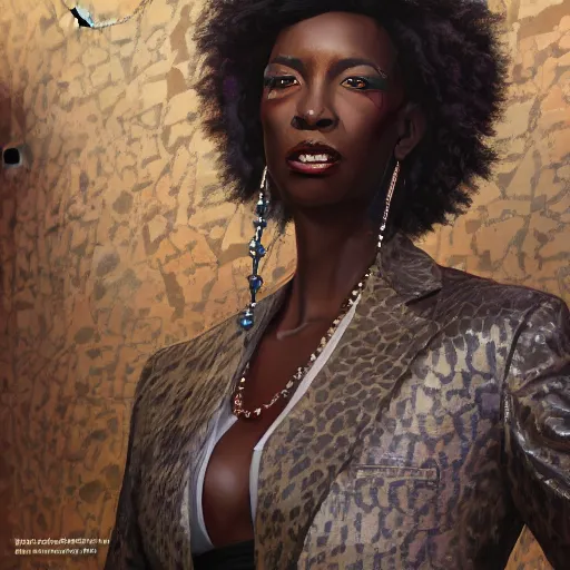 Image similar to highly detailed an african american woman in with the black panter random suit from the future gta v, stephen bliss, unreal engine, fantasy art by greg rutkowski, loish, rhads, ferdinand knab, makoto shinkai and lois van baarle, ilya kuvshinov, rossdraws, tom bagshaw, global illumination, radiant light, detailed and intricate environment