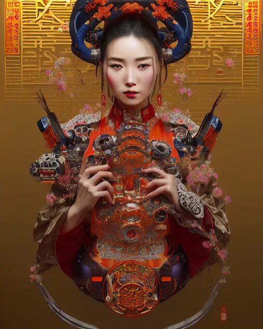 Image similar to portrait of a chinese cyberpunk machine, machine face, robed, upper half portrait, decorated with chinese opera motifs regal royal machine robot cyberpunk fine china, wuxia, traditional chinese art intricate intense elegant highly detailed digital painting artstation concept art smooth sharp focus illustration, art by artgerm and greg rutkowski alphonse mucha 8 k