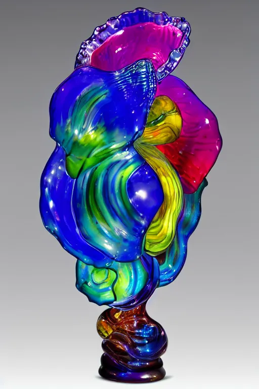 Prompt: beautiful colorful female glass sculpture, smooth, delicate facial features, beautiful glass work, bright internal glow, by dale chihuly, hdri, studio lighting