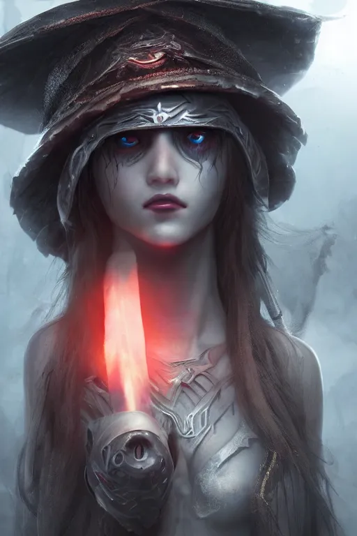 Image similar to highly detailed full body character art of a high fantasy cyclops sorceres eyes covered by a pointy mage hat, full body, highly detailed, photo realistic, dark fantasy atmosphere, foggy, 8 k, octane render, unreal engine