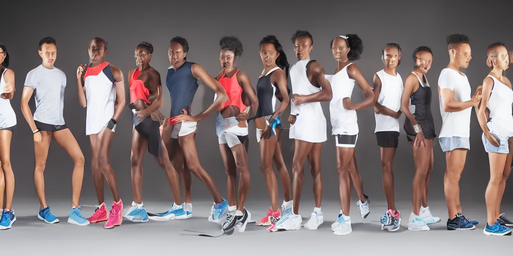 Prompt: High Fashion Tones, Studio Photograph of starting line of many diverse marathon runners. multiple skintones. Frontal. Sports Advertising Campaign. Wide shot. Fashion Studio lighting. White background.