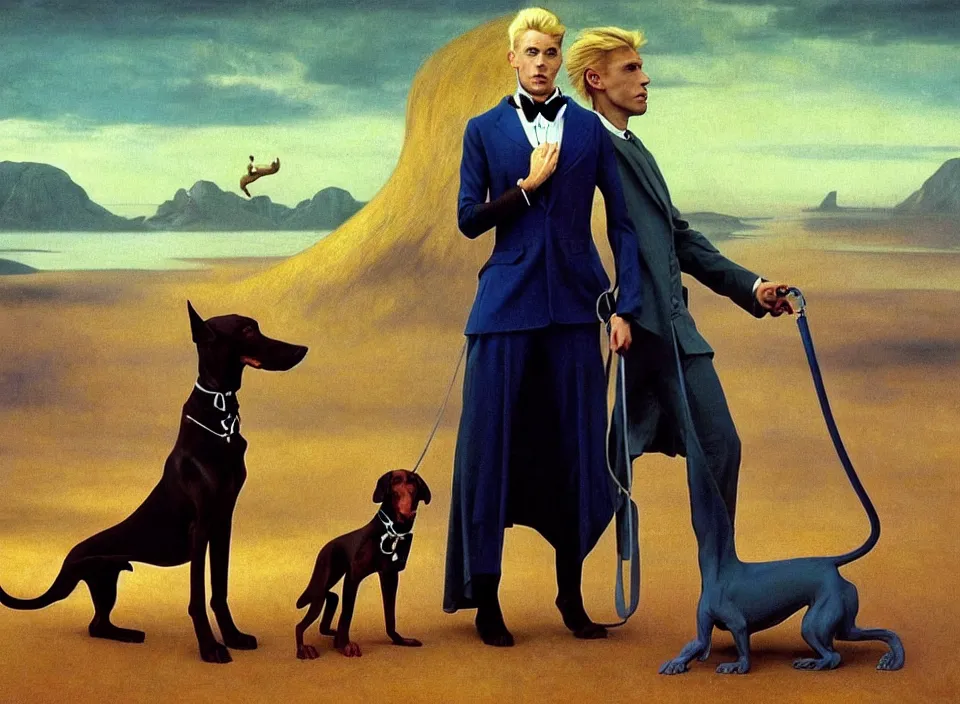 Prompt: realistic detailed portrait movie shot of an elegant blond male vampire with a doberman on a leash, sci fi landscape background by denis villeneuve, amano, yves tanguy, alphonse mucha, max ernst, caravaggio, roger dean, masterpiece, rich moody colours, dog teeth, blue eyes