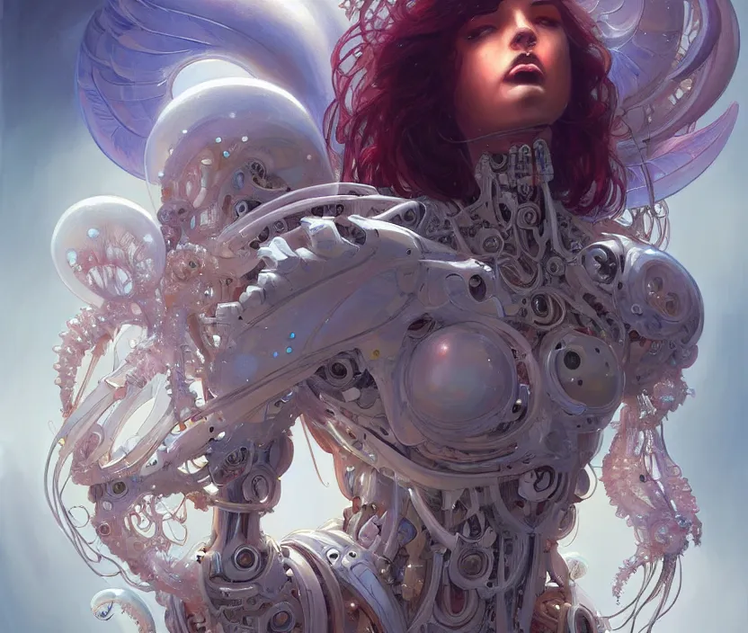 Prompt: Cyborg biomechanical jellyfish angel girl, sci-fi, highly detailed, digital painting, artstation, concept art, smooth, sharp focus, illustration, art by artgerm and greg rutkowski and alphonse mucha