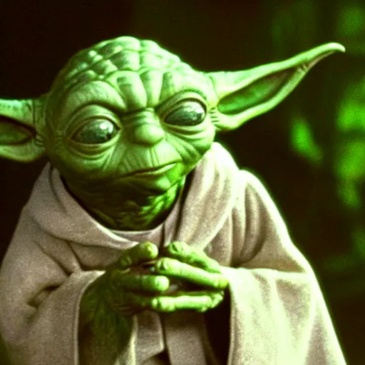 Image similar to e. t replaced by yoda, still from the movie e. t, grainy, 8 0's look,