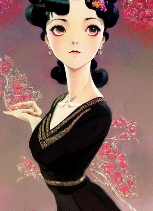 Prompt: a beautiful girl with black hair in 1920's fashion, ballroom background, intricate, highly detailed, digital painting, artstation, official media, anime key visual, concept art, rich vivid colors, ambient lighting, sharp focus, illustration, art by Artgerm, Makoto Shinkai, Ilya Kuvshinov, Lois Van Baarle, and Rossdraws