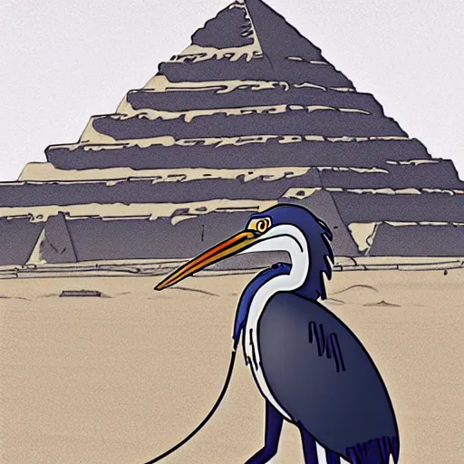 Prompt: a study of cell shaded cartoon of a mechanized grey heron from howl's moving castle ( 2 0 0 4 ), in front of pyramids on a desert road, full body, wide shot, very muted colors, post grunge, studio ghibli, laurie greasley, highly detailed, deviantart, art by artgem