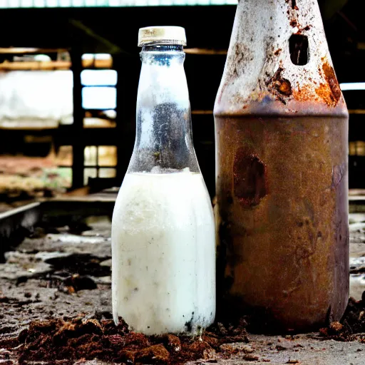 Image similar to dirty bottle of milk and a cow inside rusted slaughterhouse