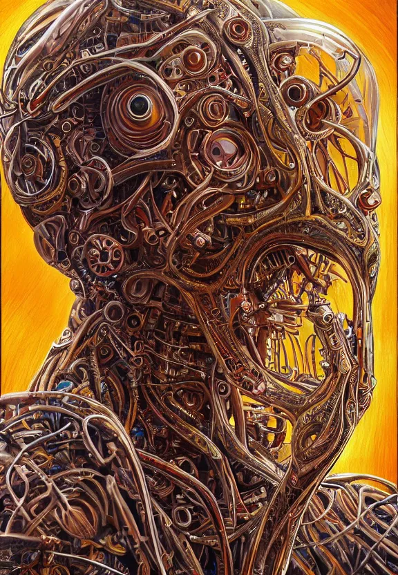 Image similar to perfectly centered portrait front view of a beautiful biomechanical alien robot, flowing hair, intense stare, sweet smile, symmetrical, concept art, intricate detail, volumetric shadows and lighting, realistic oil painting by alex grey,