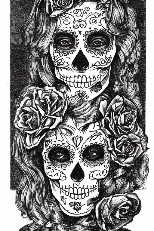 Prompt: Illustration of a sugar skull day of the dead girl, art by louis rhead