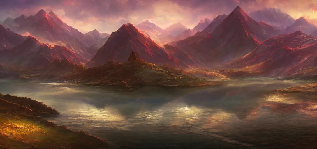 Prompt: vast beautiful landscape, color palette, wide angle, panoramic, distant mountains, lake, painting, magic the gathering, intricately detailed, award winning, artstation award, color scheme, fantasy, concept art