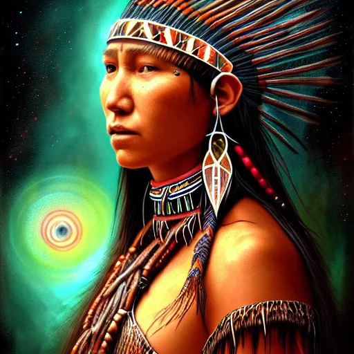 Image similar to : native female shaman, fantasy magic, femine energy, intricate, sharp focus, illustration, highly detailed, digital painting, concept art, matte, jahbu art, taino, cosmic, cosmos