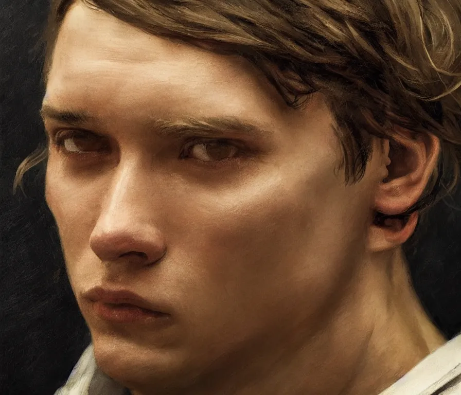 Prompt: closeup on the face portrait of a male sailor played by alicia vikander. concept art by greg rutkowski, john j. park, jason chan, noah bradley, feng zhu, gintas galvanauskas, gustave courbet, rosa bonheur, edward hopper. sharp focus, cinematic atmosphere, detailed and intricate, perfect anatomy