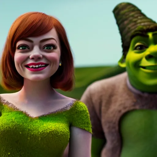 Prompt: Emma Stone as a female wife Shrek, Shrek face features, fully detailed, high quality , 4k , octane render , soft lightening , masterpiece