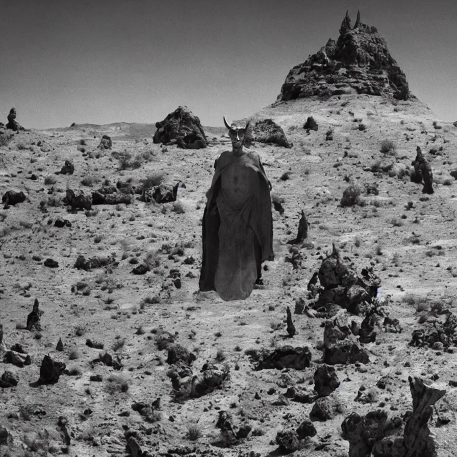 Image similar to portrait of salvador dali wearing a horned crown and jewels in a dry rocky desert landscape, alien spaceship by giger in the landscape, film still from the movie by alejandro jodorowsky with cinematogrophy of christopher doyle and art direction by hans giger, anamorphic lens, kodakchrome, very detailed photo, 8 k