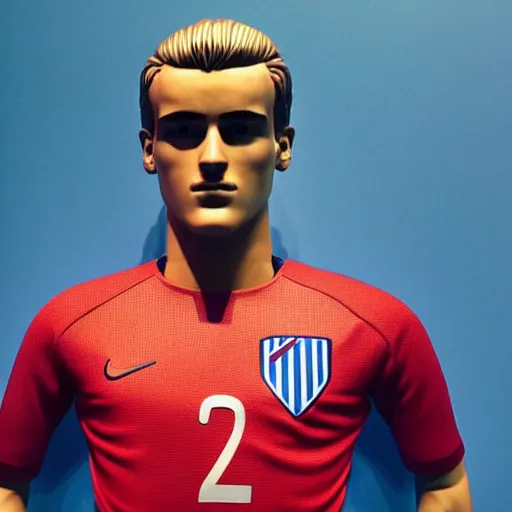 Image similar to “ a realistic detailed photo of a guy who is an attractive humanoid who is half robot and half humanoid, who is a male android, soccer player antoine griezmann, shiny skin, posing like a statue, blank stare, at the museum, on display ”