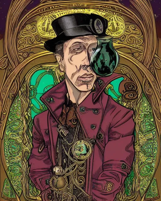 Prompt: a detailed portrait illustration of a steampunk wizard. art nouveau, pop art, comic book style. influenced by neil gaiman, h. p. lovecraft, thomas kincaid, brian froud, michael hutter, killian eng.