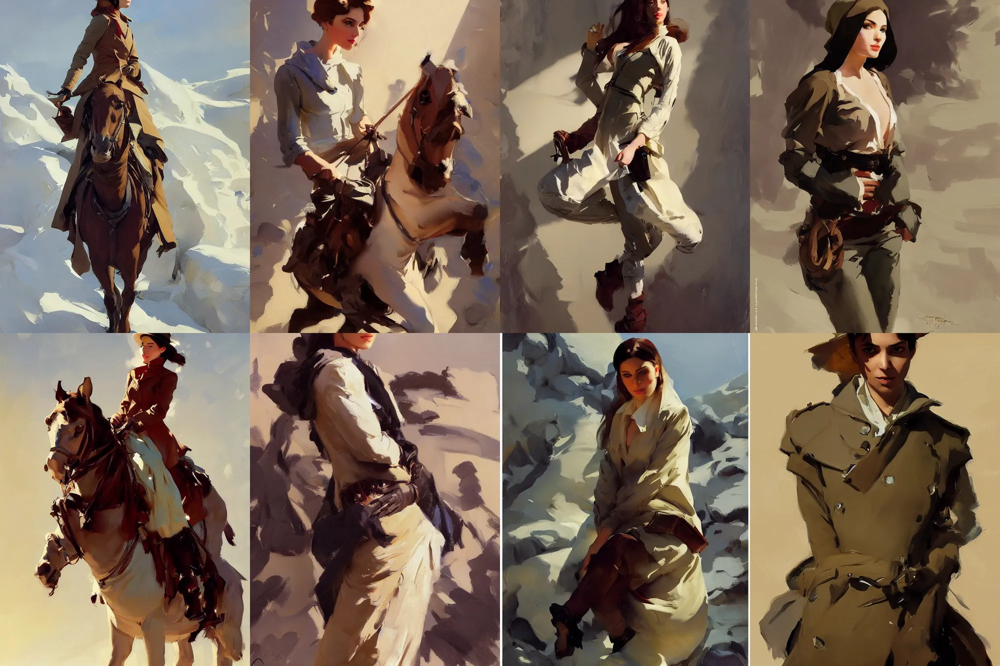 Prompt: portrait of russian iranian model girl jodhpurs winter traveler greg manchess painting by sargent and leyendecker, studio ghibli, fantasy, medium shot, asymmetrical, intricate, elegant, matte painting, illustration, hearthstone, by greg rutkowski, by greg tocchini, by james gilleard, by joe fenton